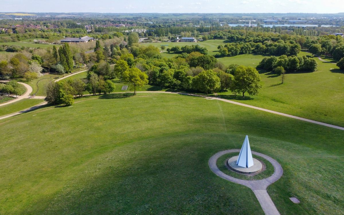 Drone view of Campbell Park with Light Pyramid and Campbell Park pavilion in the distance