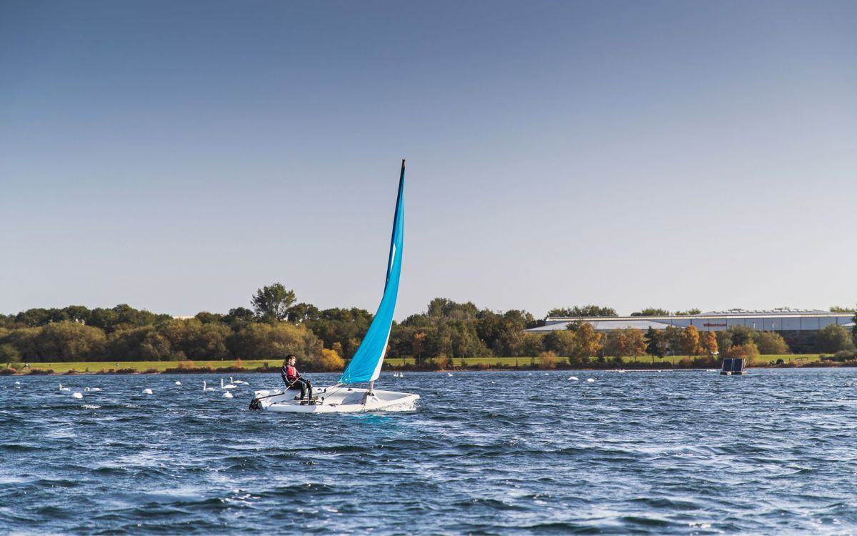 Person sailing on Willen Lake in Milton Keynes with swans