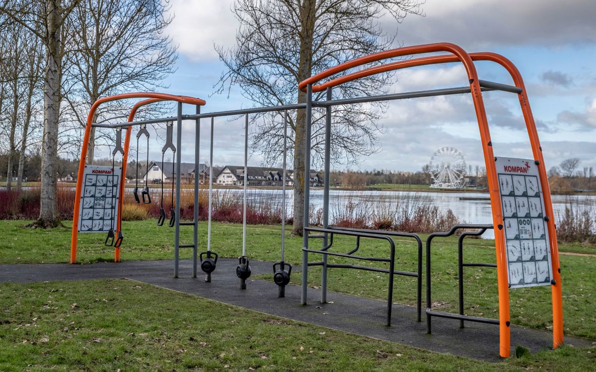 Outdoor gym equipment frame with observation wheel in the distance