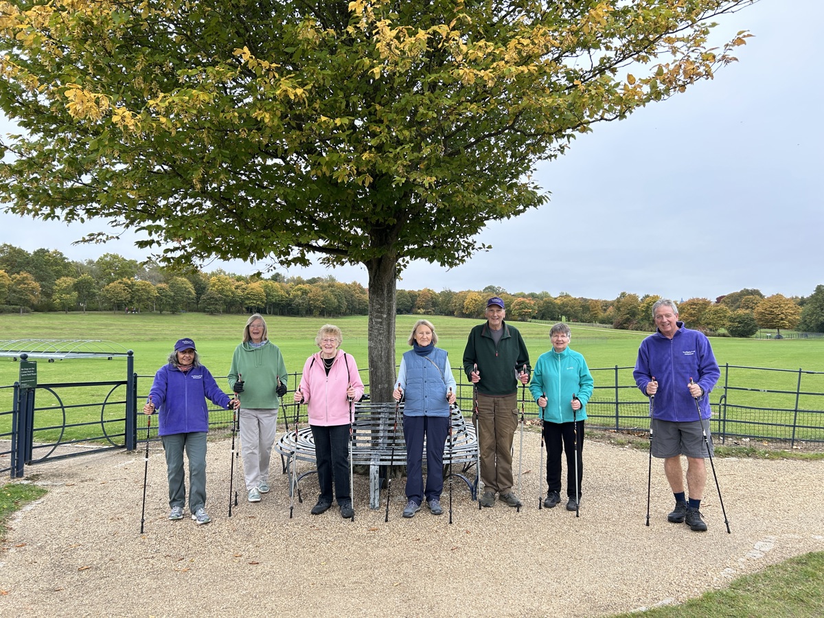 Group of people walking with poles in green parkland