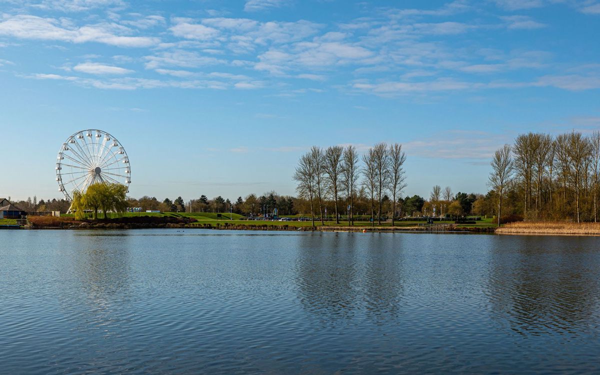 View across Willen Lake with trees and observation wheel