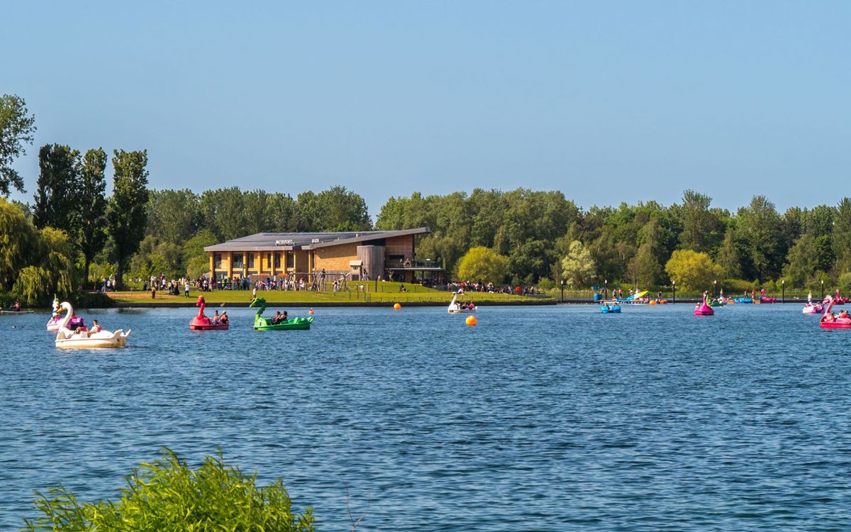 Willen Lake with pedalos and activities with Watersports Centre in background