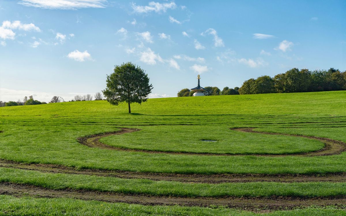 View across the Labyrinth to the Peace Pagoda at Willen Lake