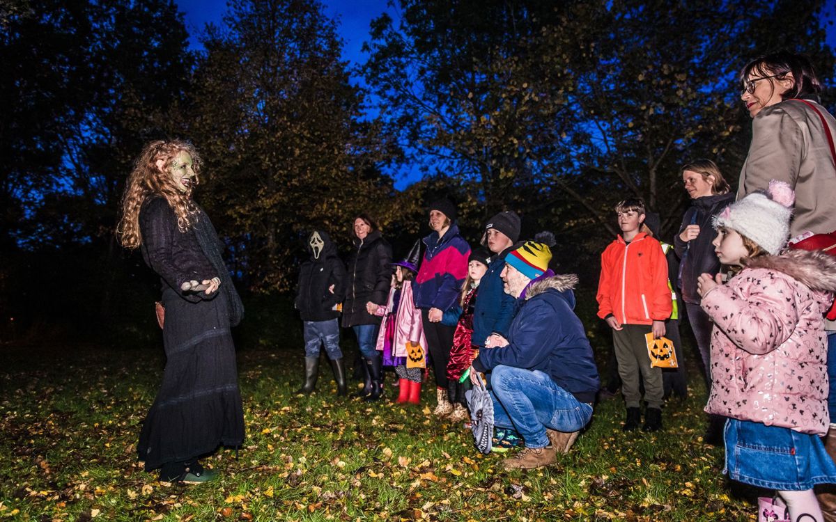 Storyteller with face painted in green, telling a story to the crown in a cold evening 